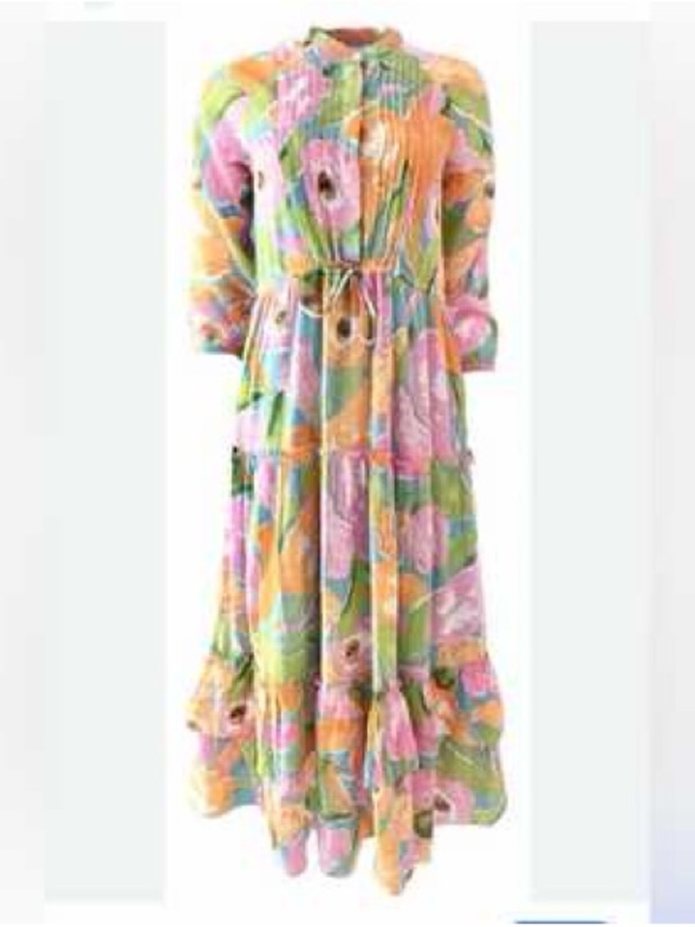 Banjanan Pastel Floral Tiered Maxi Dress - Pink, Green & Orange